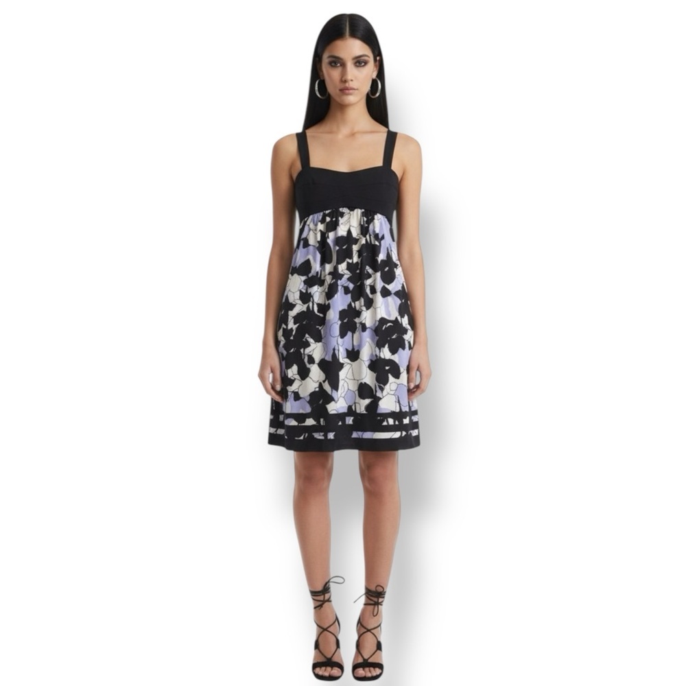 Diane Von Furstenberg Black Lavender Floral Print Babydoll Dress Size 8